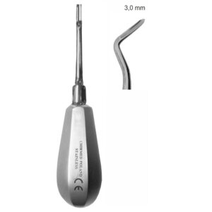 Dźwignia stomatologiczna typu FLOHR, do korzeni bocznych, z uchwytem typu BEIN, dł. 130 mm, szer. 3 mm, lewa, Fig. 2, zagięta
