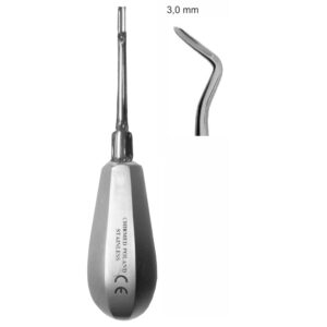 Dźwignia stomatologiczna typu FLOHR, do korzeni bocznych, z uchwytem typu BEIN, dł. 130 mm, szer. 3 mm, prawa, Fig. 3, zagięta