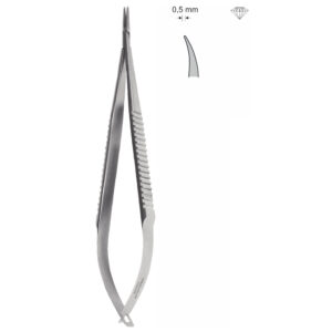 Igłotrzymacz mikrochirurgiczny typu CASTROVIEJO, dł. 150 mm, czubek 0,5 mm, z nasypem diamentowym, odgięte, z tytanu