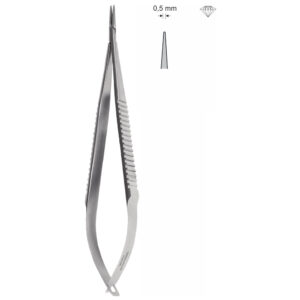 Igłotrzymacz mikrochirurgiczny typu CASTROVIEJO, dł. 150 mm, czubek 0,5 mm, z nasypem diamentowym, proste