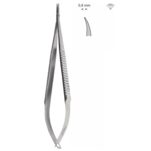 Igłotrzymacz mikrochirurgiczny typu CASTROVIEJO, dł. 150 mm, czubek 0,8 mm, z nasypem diamentowym , odgięte