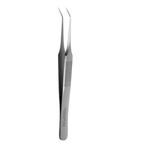 Pinceta kosmetyczna do separacji rzęs metodą 1:1 oraz 2d, odgięta kątowo (do stabilizacji pośredniej), dł. 110 mm, uchwyt z nacięciami