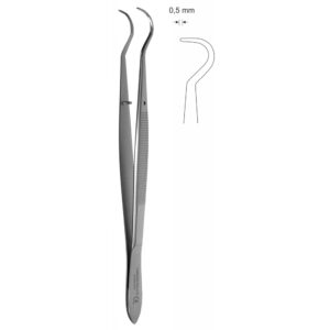 Pinceta stomatologiczna, anatomiczna, bez nacięć i bez ząbków, z kołkiem naprowadzającym, dł 160 mm, czubek 0,5 mm, podwójnie odgięta