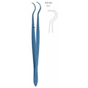 Pinceta stomatologiczna, anatomiczna, bez nacięć i bez ząbków, z kołkiem naprowadzającym, dł 160 mm, czubek 0,5 mm, podwójnie odgięta