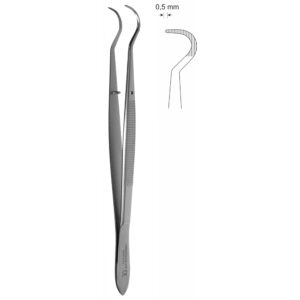 Pinceta stomatologiczna, anatomiczna, bez nacięć i bez ząbków, z kołkiem naprowadzającym, dł 160 mm, czubek 0,5 mm, podwójnie odgięta