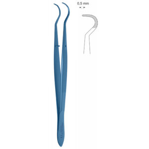 Pinceta stomatologiczna, anatomiczna, bez nacięć i bez ząbków, z kołkiem naprowadzającym, dł 160 mm, czubek 0,5 mm, podwójnie odgięta