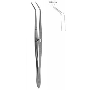 Pinceta stomatologiczna, anatomiczna, bez nacięć i bez ząbków, z kołkiem naprowadzającym, dł 160 mm, czubek 0,5 mm, podwójnie odgięta