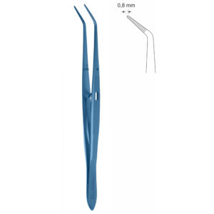 Pinceta stomatologiczna, anatomiczna, bez nacięć i bez ząbków, z kołkiem naprowadzającym, dł 160 mm, czubek 0,5 mm, podwójnie odgięta