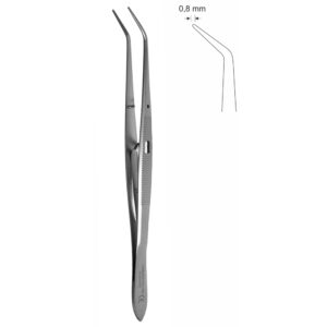 Pinceta stomatologiczna, anatomiczna, bez nacięć i bez ząbków, z zamkiem, z kołkiem naprowadzającym, dł. 150 mm, czubek 0,8 mm, odgięta