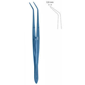 Pinceta stomatologiczna, anatomiczna, bez nacięć i bez ząbków, z zamkiem, z kołkiem naprowadzającym, dł. 150 mm, czubek 0,8 mm, odgięta