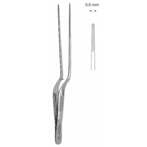 Pinceta uszna, nosowa typu JANSEN, anatomiczna, bagnetowa, z kołkiem naprowadzającym, dł. 160 mm, czubek 0,6 mm, z tytanu